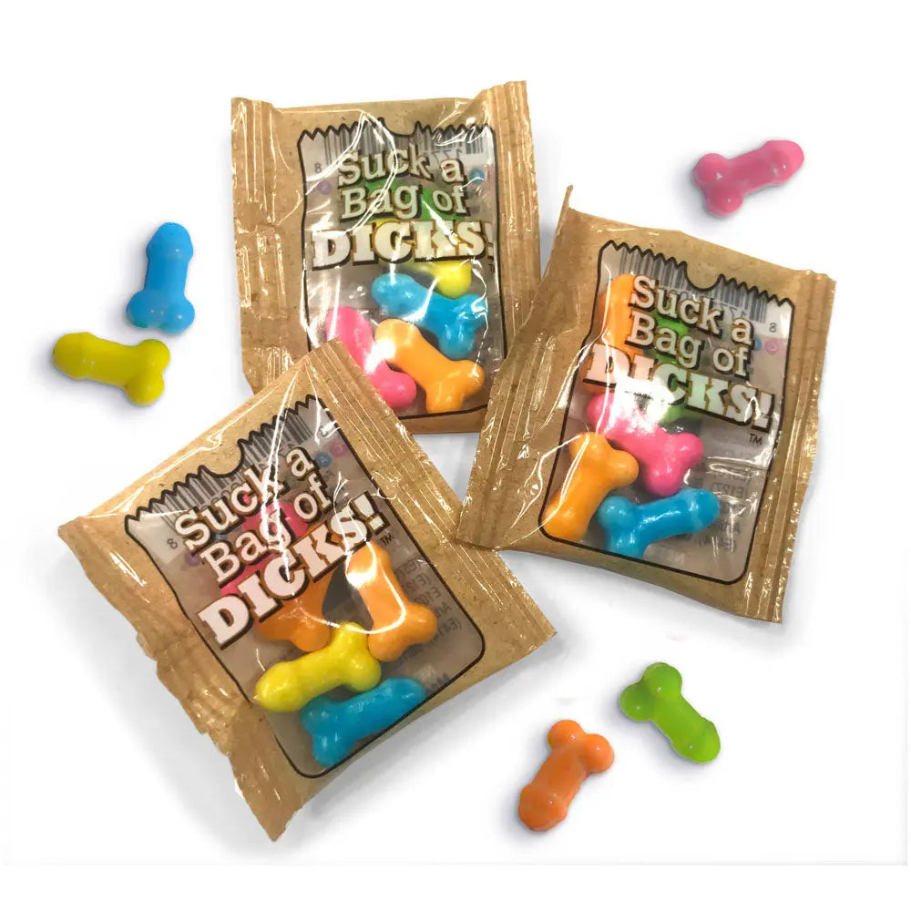 Suck A Bag Of Dicks Counter Display - Fruit Flavoured Lollies - Counter Display of 100 Party Packs Little Genie Discreet Intimate Essentials.