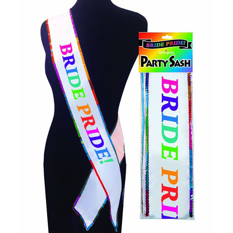 Bride Pride Sash - Hens Party Novelty displayed on a mannequin, showcasing rainbow glitter colors for bachelorette celebrations.