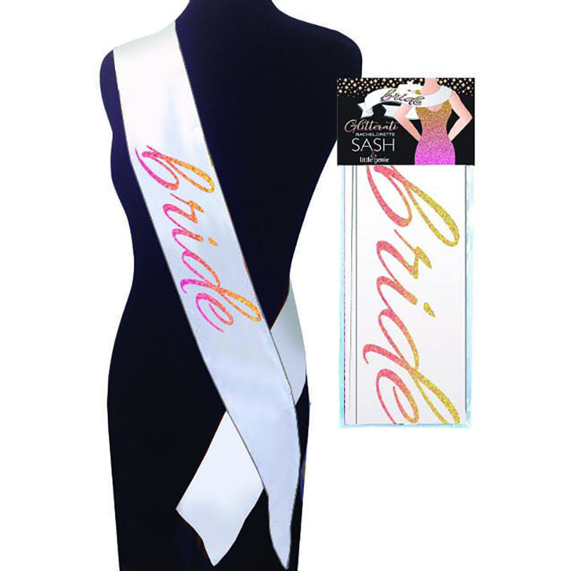 Glitterati - Bride Sash - Hens Party Novelty Sash displayed on a mannequin, sparkling design for bridal celebrations.