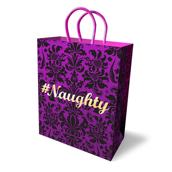 #Naughty Gift Bag - Novelty Gift Bag in purple with black flocked fleur-de-lis pattern and gold foil stamp.