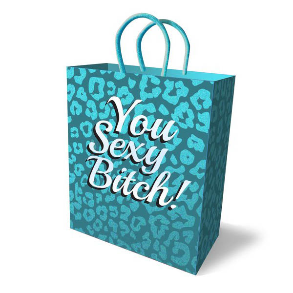 You Sexy Bitch! Gift Bag - Novelty Gift Bag in teal with glitter leopard pattern and silver foil stamp.