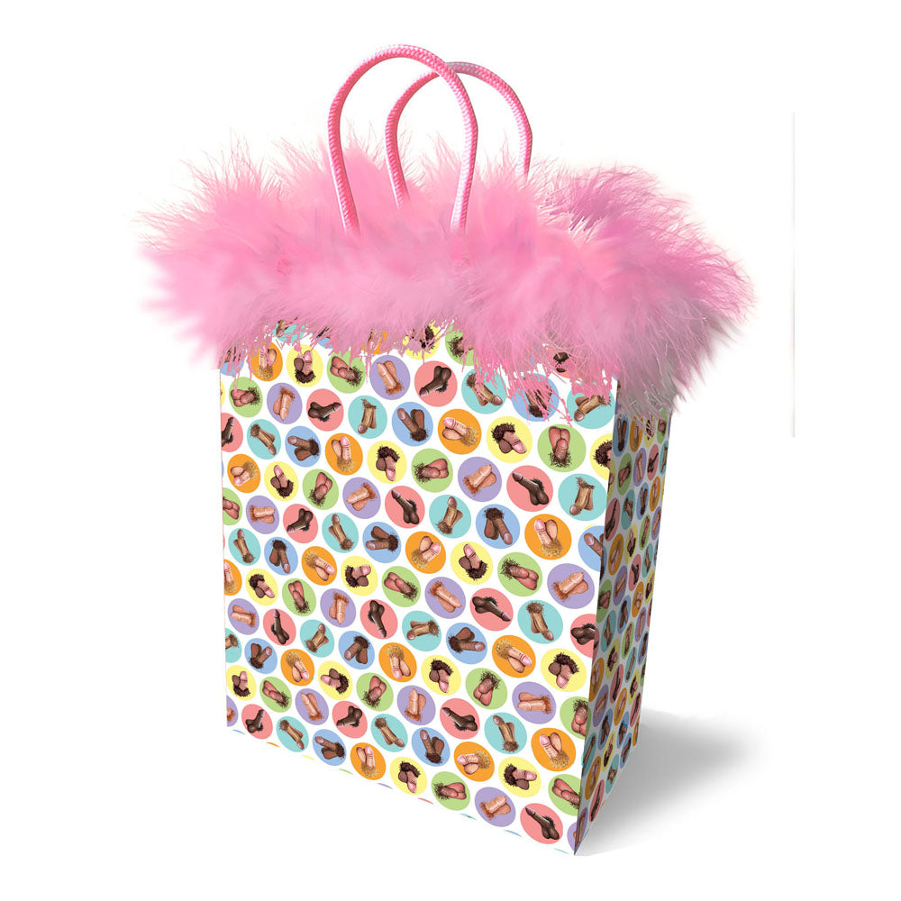Dirty Penis Gift Bag - Novelty Gift Bag with colorful patterns and fluffy pink fringe for fun occasions.