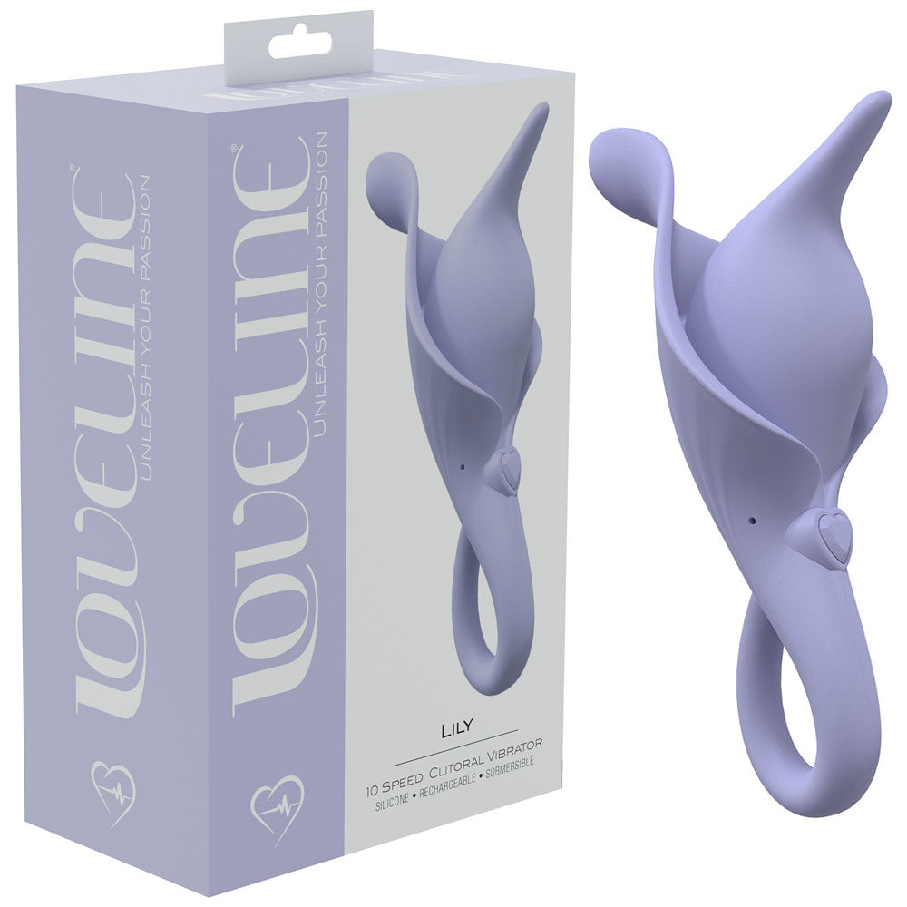 LOVELINE Lily - Lavender - Lavender USB Rechargeable Stimulator with packaging showcasing 10 speed clitoral vibrator.