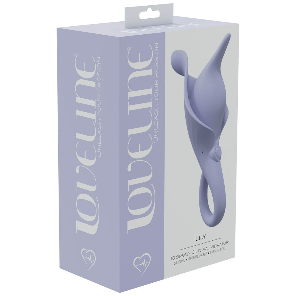 LOVELINE Lily - Lavender - Lavender USB Rechargeable Stimulator packaged, showcasing a sleek design and 10 speed options.