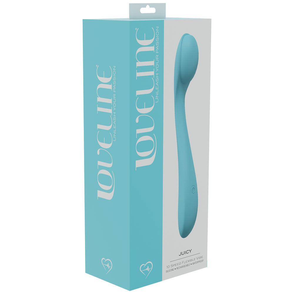 LOVELINE Juicy -  -  21.5 cm USB Rechargeable Vibrator packaging on display, showcasing its sleek design and brand.