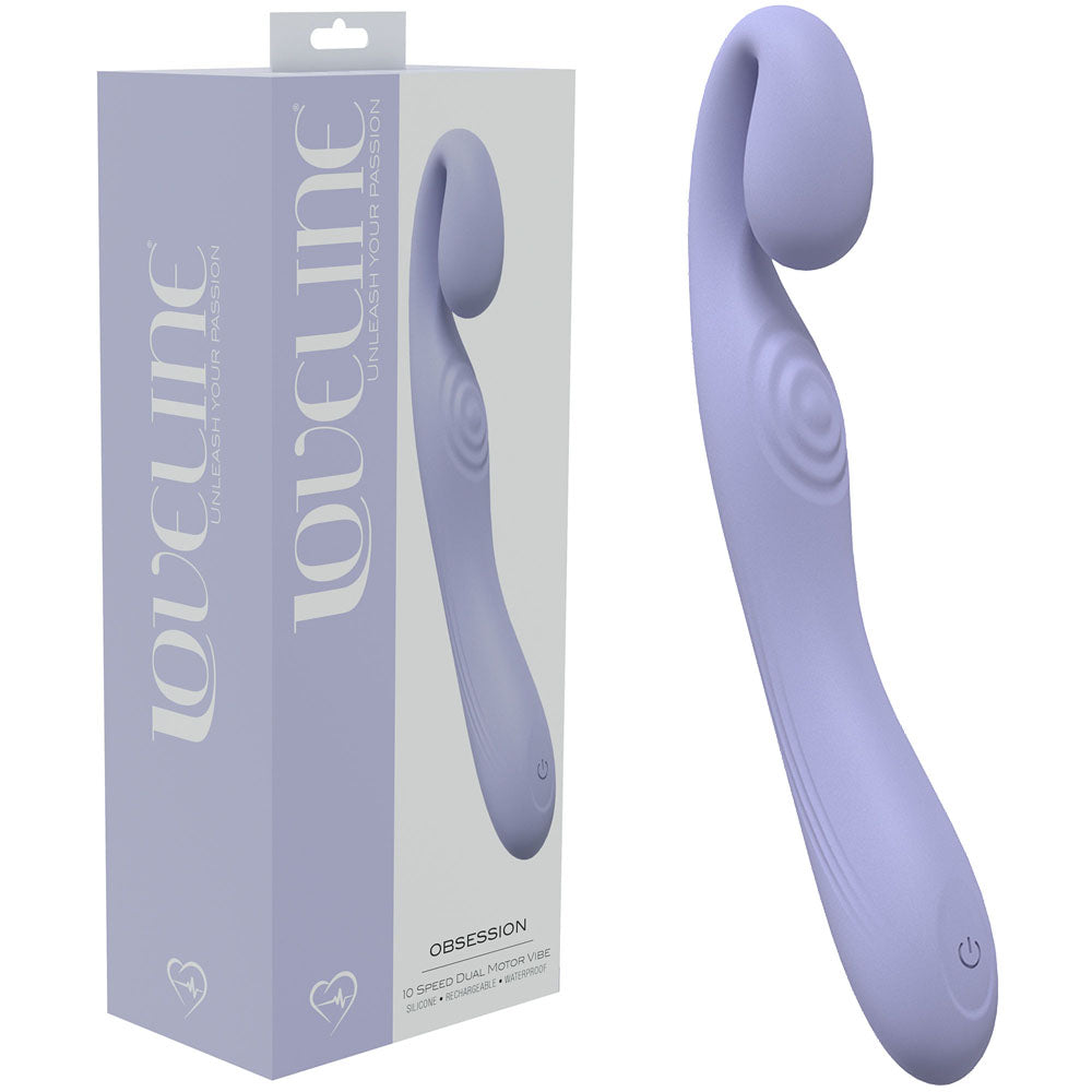 LOVELINE Obsession - Lavender - Lavender 18.4 cm USB Rechargeable Vibrator displayed with packaging.