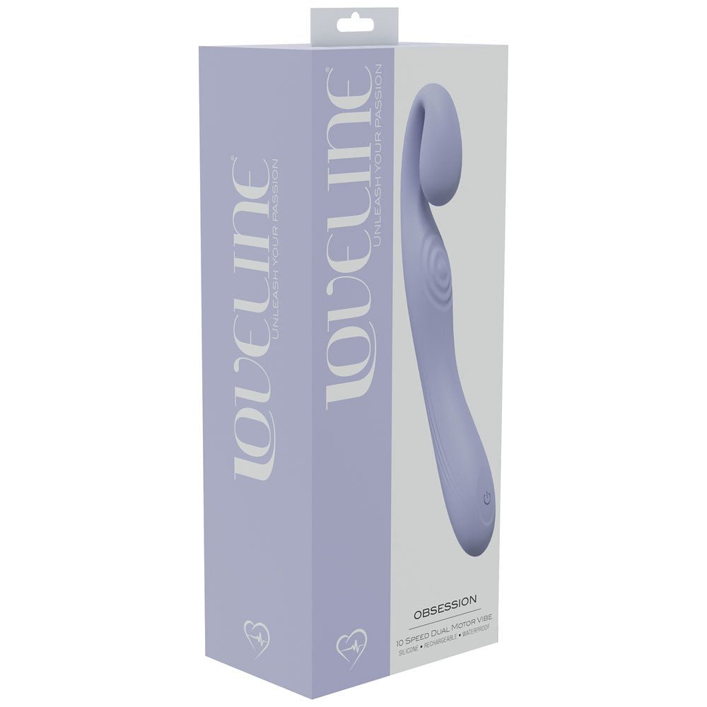 LOVELINE Obsession - Lavender - Lavender 18.4 cm USB Rechargeable Vibrator packaged for intimate essentials for her.