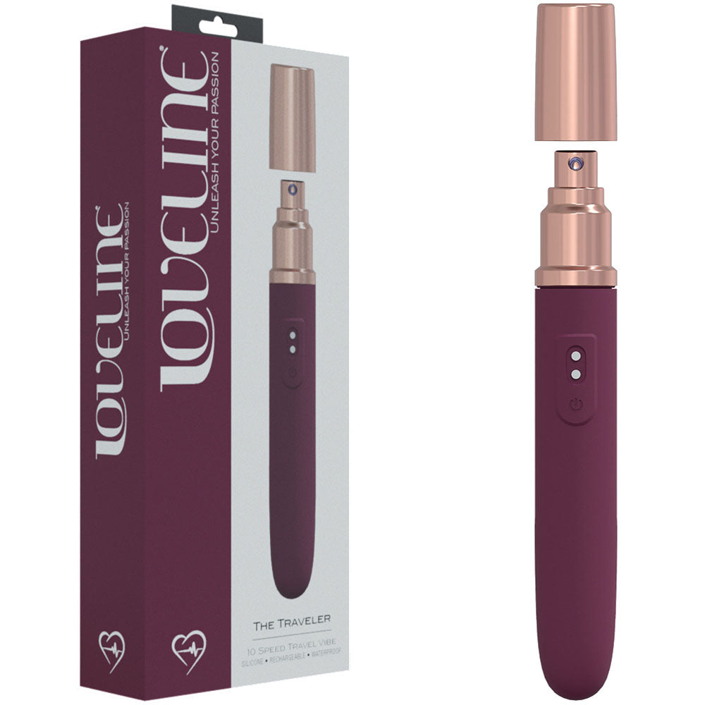 LOVELINE The Traveler - Burgundy - Burgundy 17.6 cm USB Rechargeable Vibrator with Lube Applicator packaging and product design.