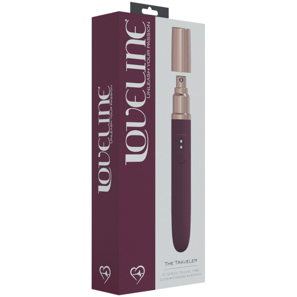 LOVELINE The Traveler - Burgundy - Burgundy 17.6 cm USB Rechargeable Vibrator with Lube Applicator packaging image.