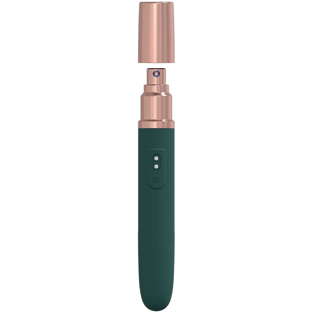 LOVELINE The Traveler -  -  17.6 cm USB Rechargeable Vibrator with Lube Applicator in green and rose gold design.