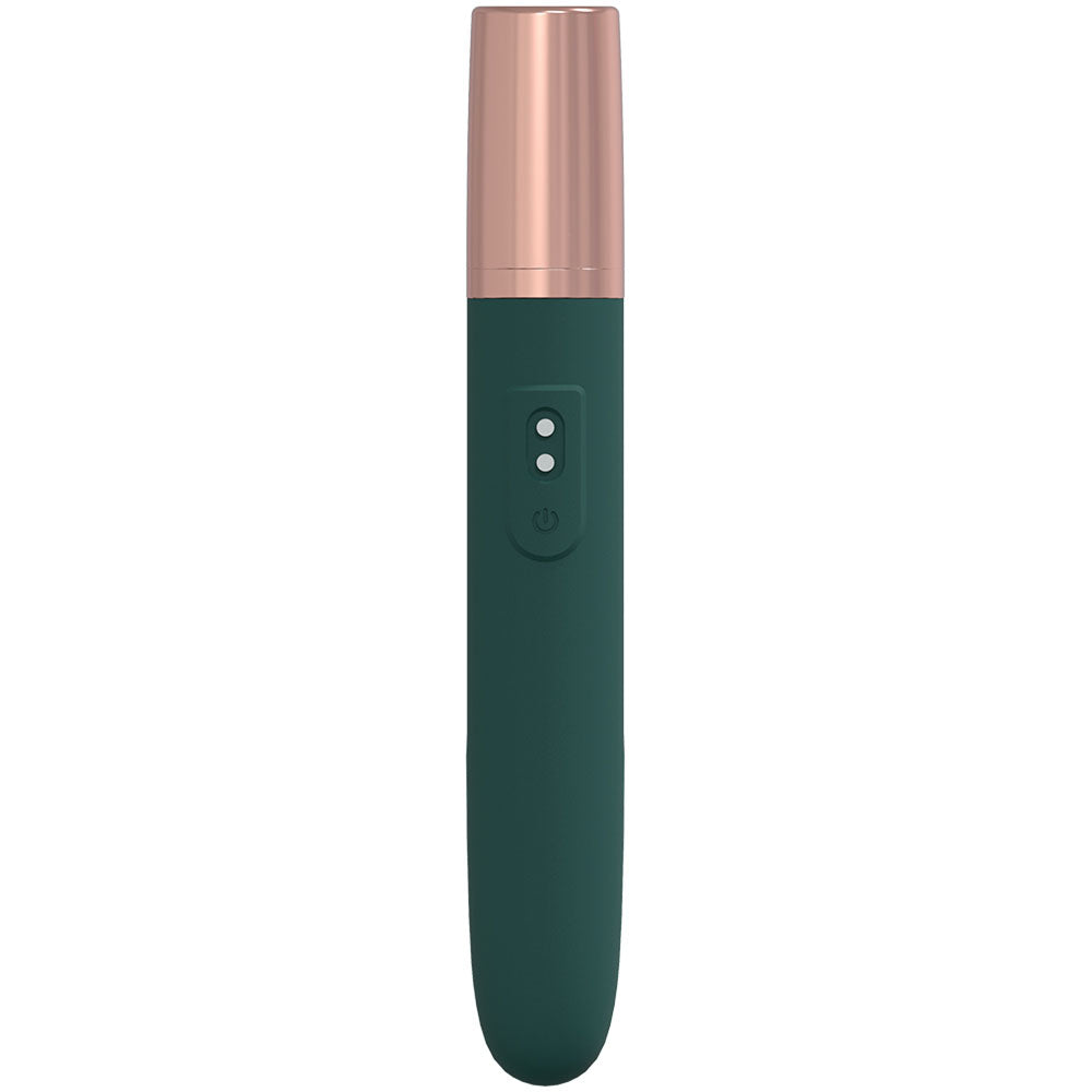 LOVELINE The Traveler -  -  17.6 cm USB Rechargeable Vibrator with Lube Applicator in sleek green and rose gold design.