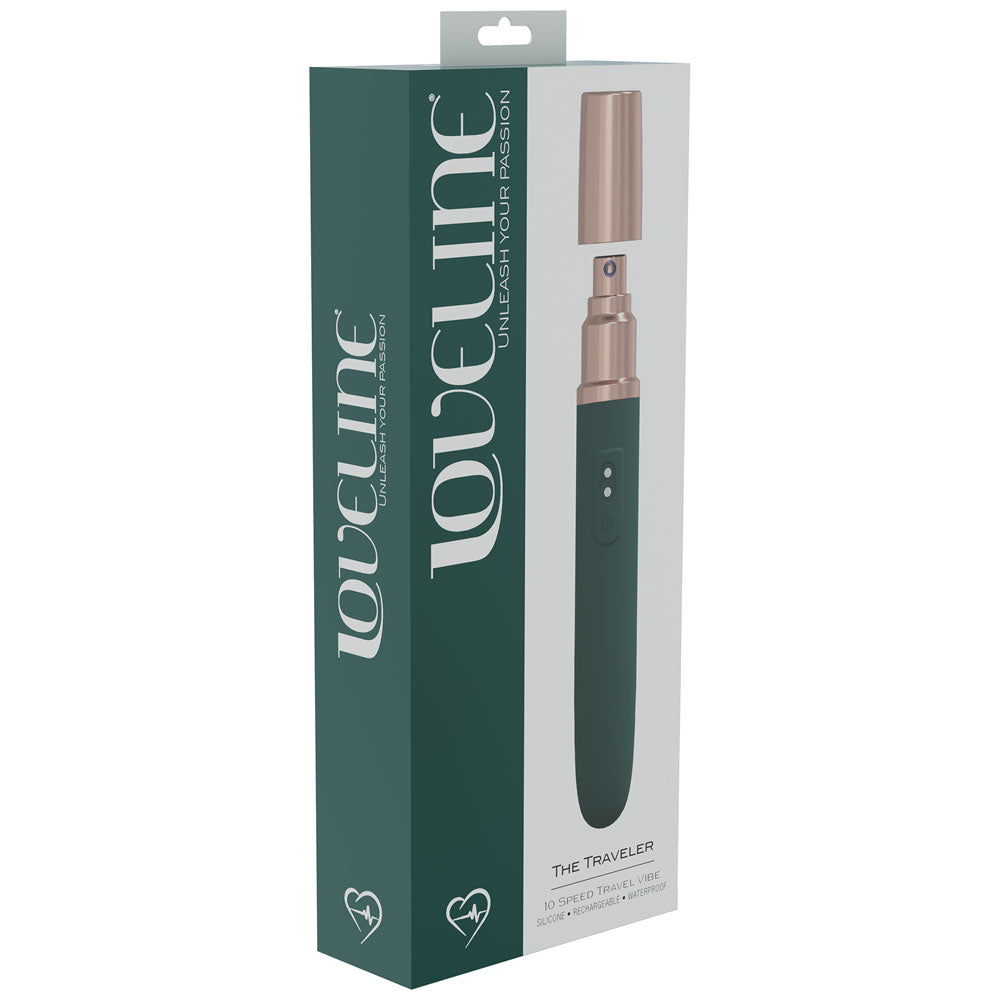 LOVELINE The Traveler -  -  17.6 cm USB Rechargeable Vibrator with Lube Applicator packaging display.