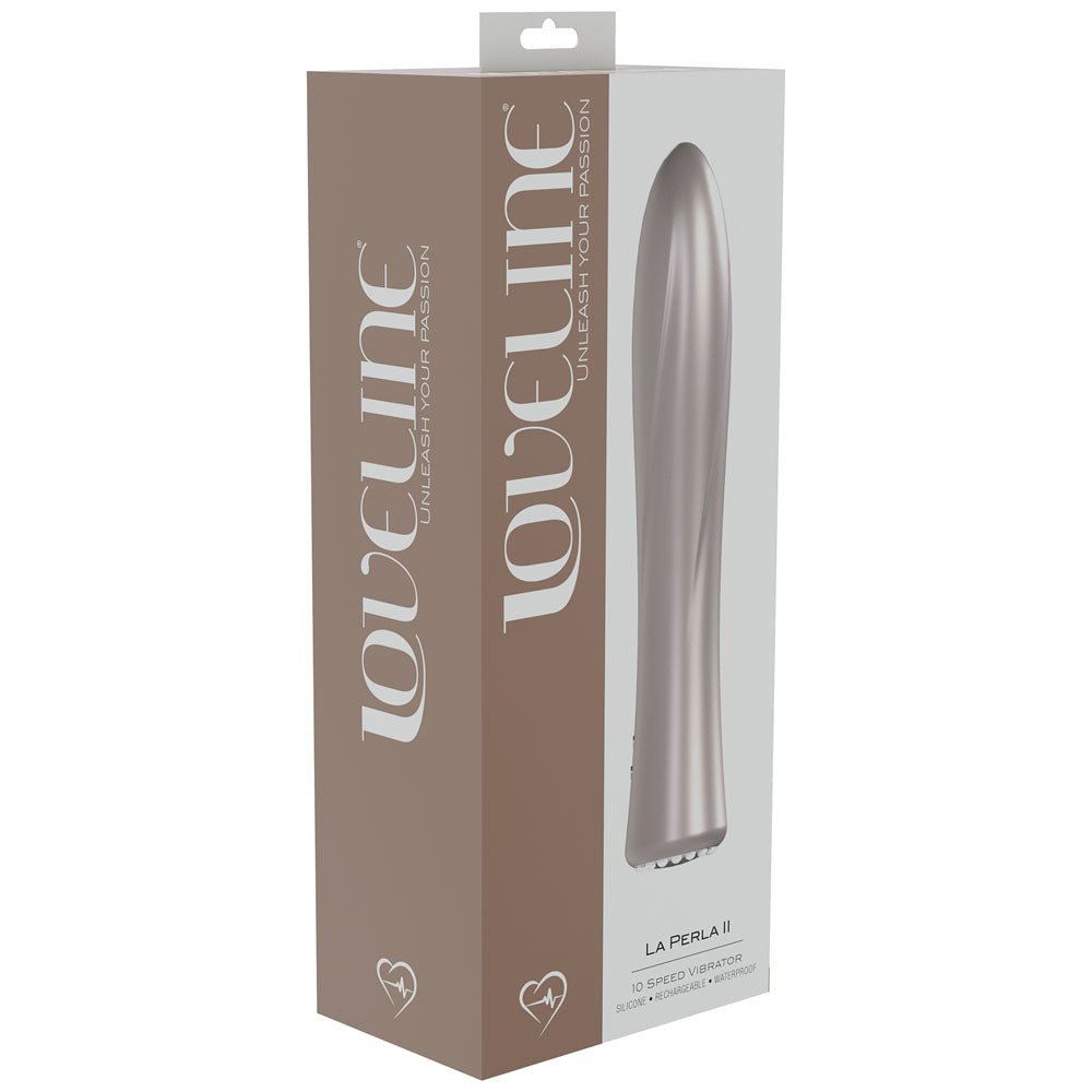 LOVELINE La Perla II -  - Pearlescent  19.2 cm USB Rechargeable Vibrator packaging image showcasing sleek design.