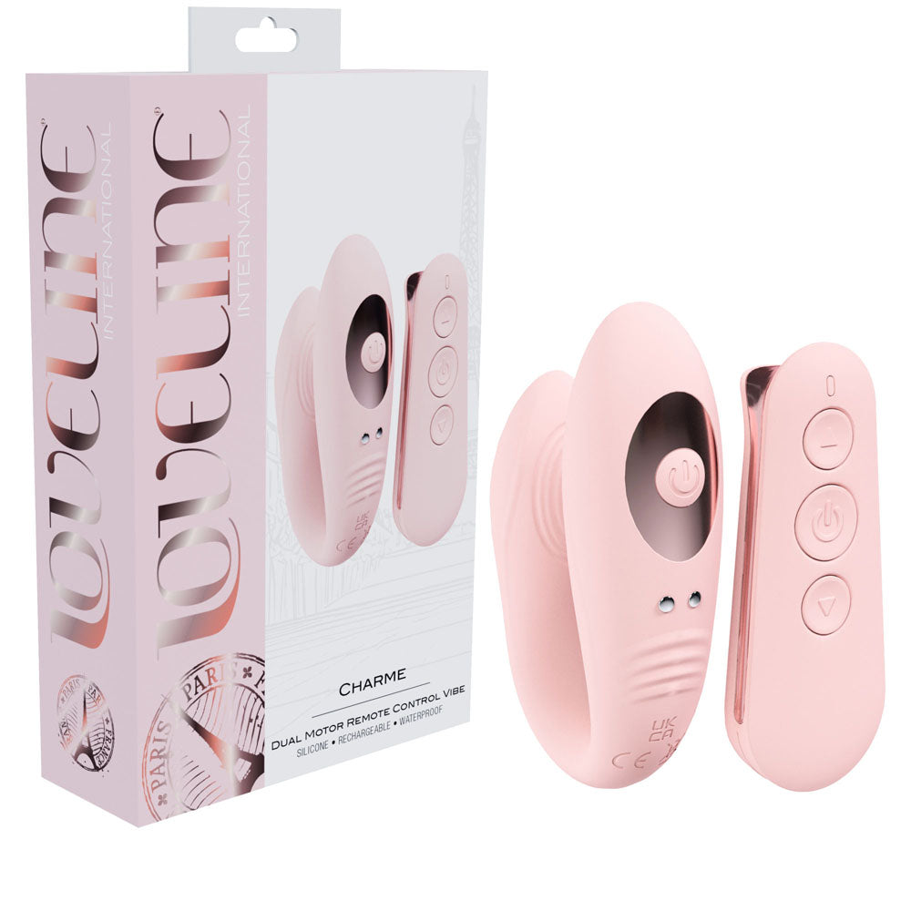 LOVELINE Charme Dual Motor Vibe - USB Rechargeable Dual Motor Vibrator with Wireless Remote in pink packaging.