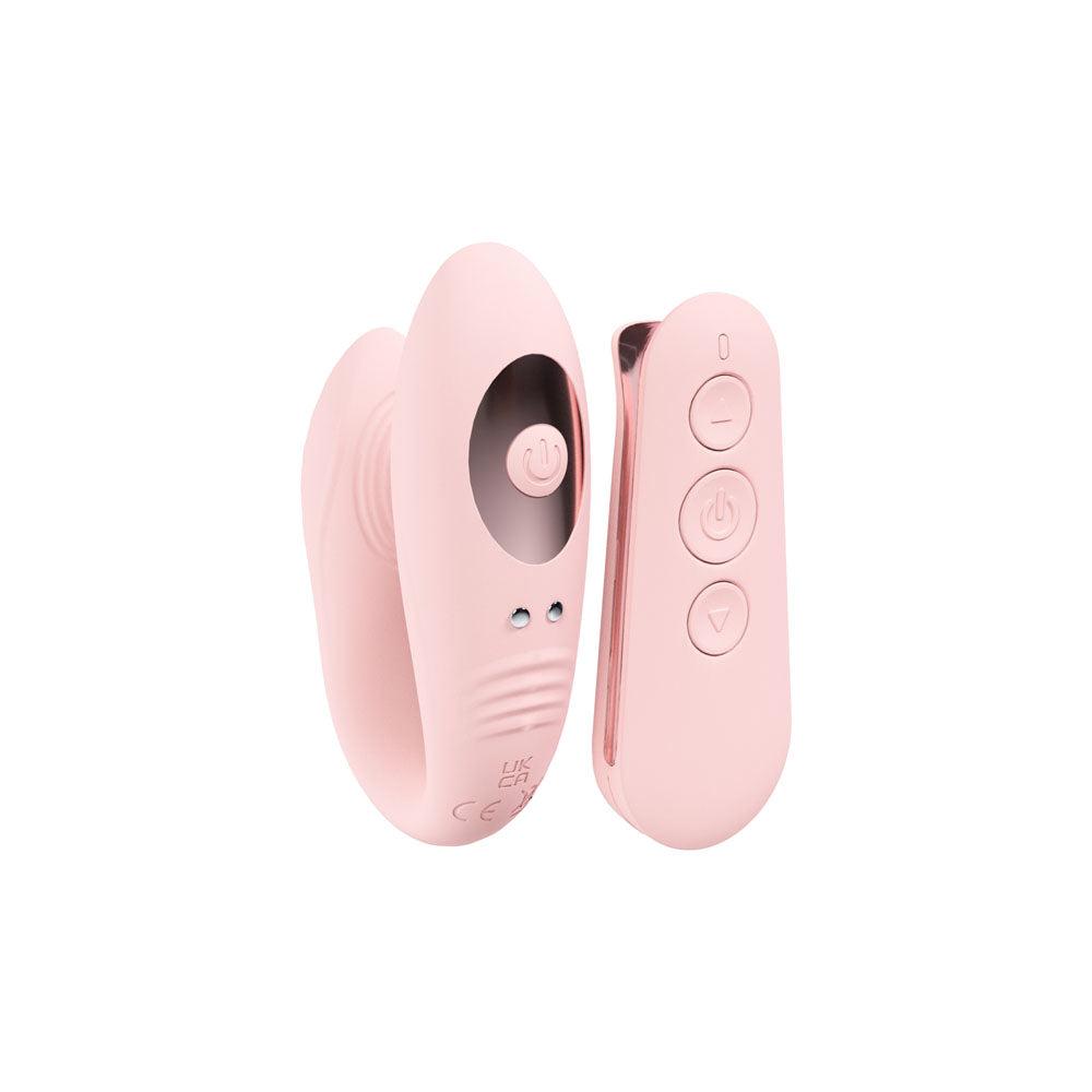 LOVELINE Charme Dual Motor Vibe -  USB Rechargeable Dual Motor Vibrator with Wireless Remote in pink color with remote.