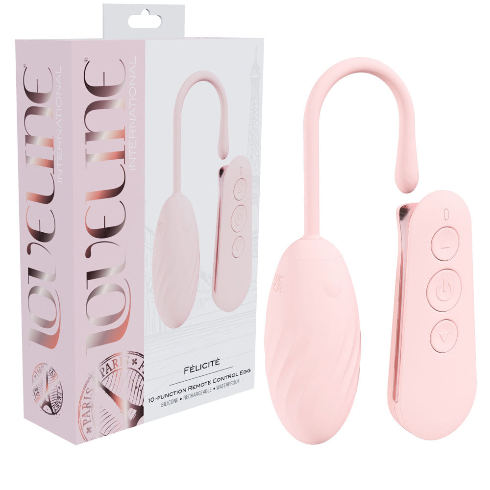 LOVELINE Felicite -  -  USB Rechargeable Vibrating Egg with Wireless Remote next to its packaging in soft pink color.