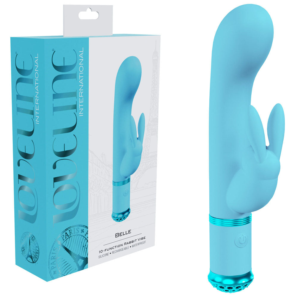 LOVELINE Belle -  - 15.6 cm USB Rechargeable Rabbit VIbrator next to its packaging and branding.