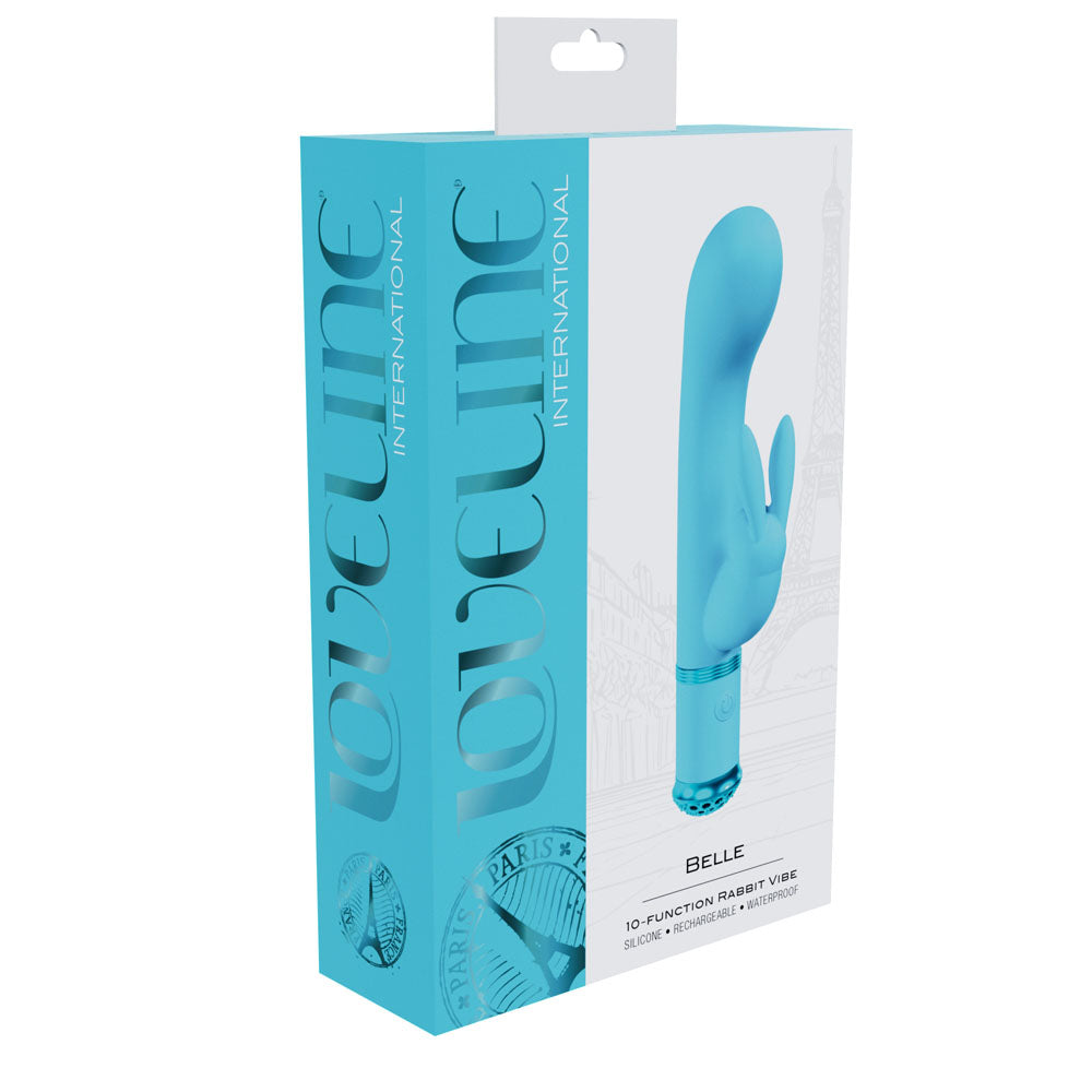 LOVELINE Belle -  -  15.6 cm USB Rechargeable Rabbit VIbrator packaging showcasing its design and features.