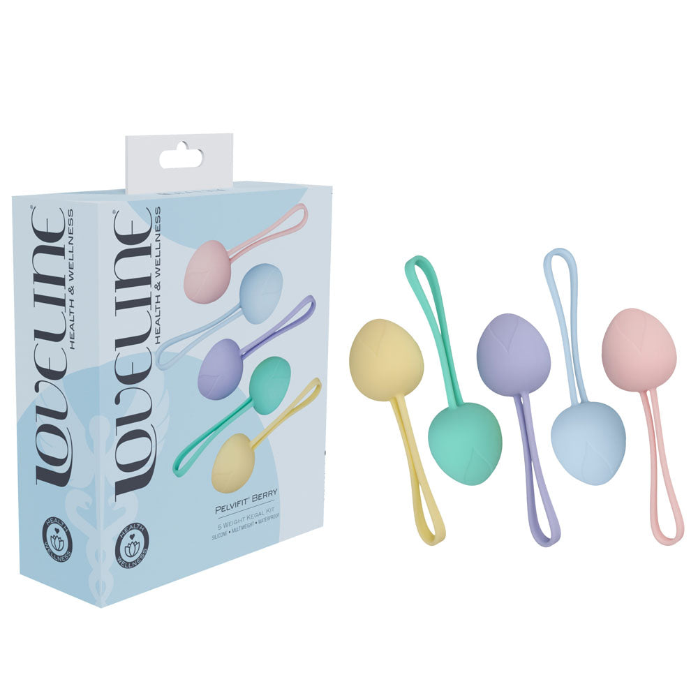 LOVELINE PelviFit Berry -  Kegel Kit - Set of 5 Sizes featuring colorful kegel balls in packaging.