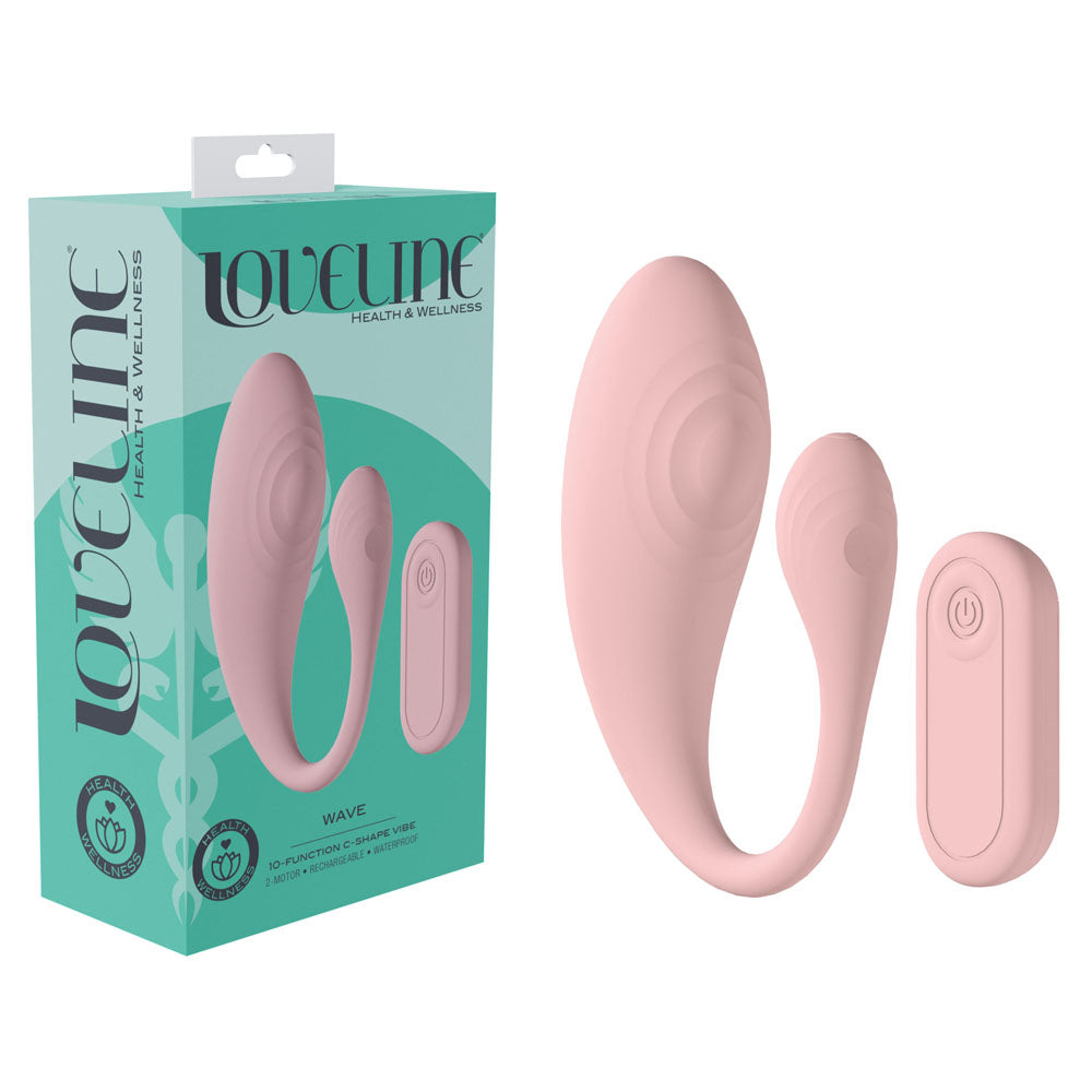 LOVELINE Wave - USB Rechargeable C-Shaped Vibrator with Remote in packaging showing design and remote control.