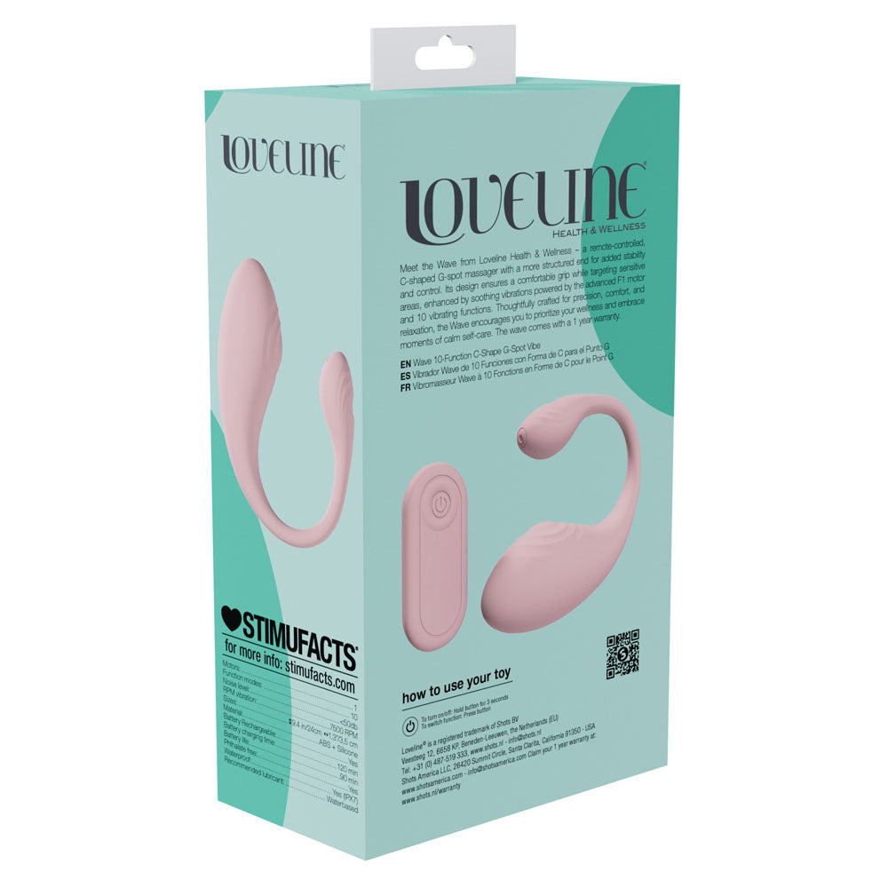 LOVELINE Wave -  USB Rechargeable C-Shaped Vibrator with Remote packaging showcasing its design and features.
