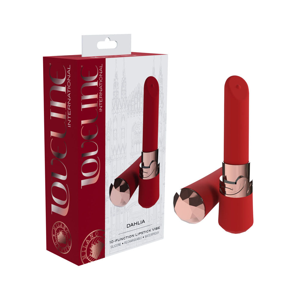 LOVELINE Dahlia -  -  12.5 cm USB Rechargeable Lipstick Vibrator in stylish packaging with 10 functions for versatile pleasure.