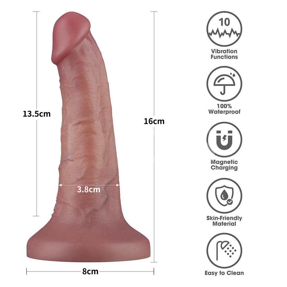 Dual Density Power Cock - 6 Inch  -  16 cm USB Rechargeable Vibrating Dong with 10 vibration functions and waterproof design.