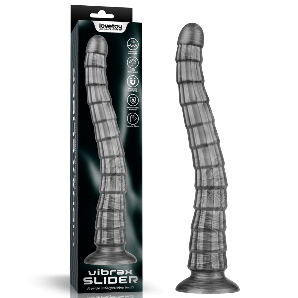 King Sized Vibrating Vibrax Slider - Grey 36.8 cm (14.5'') USB Rechargeable Vibrating Dildo in packaging