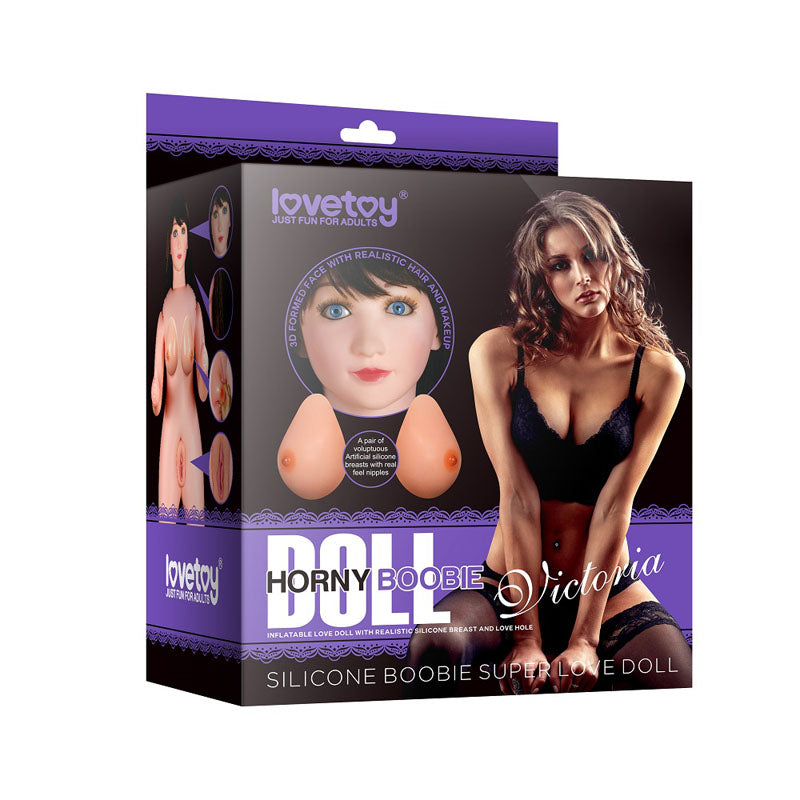 Victoria Horny Boobie Doll - Inflatable Love Doll packaging featuring realistic silicone breasts and lifelike design.