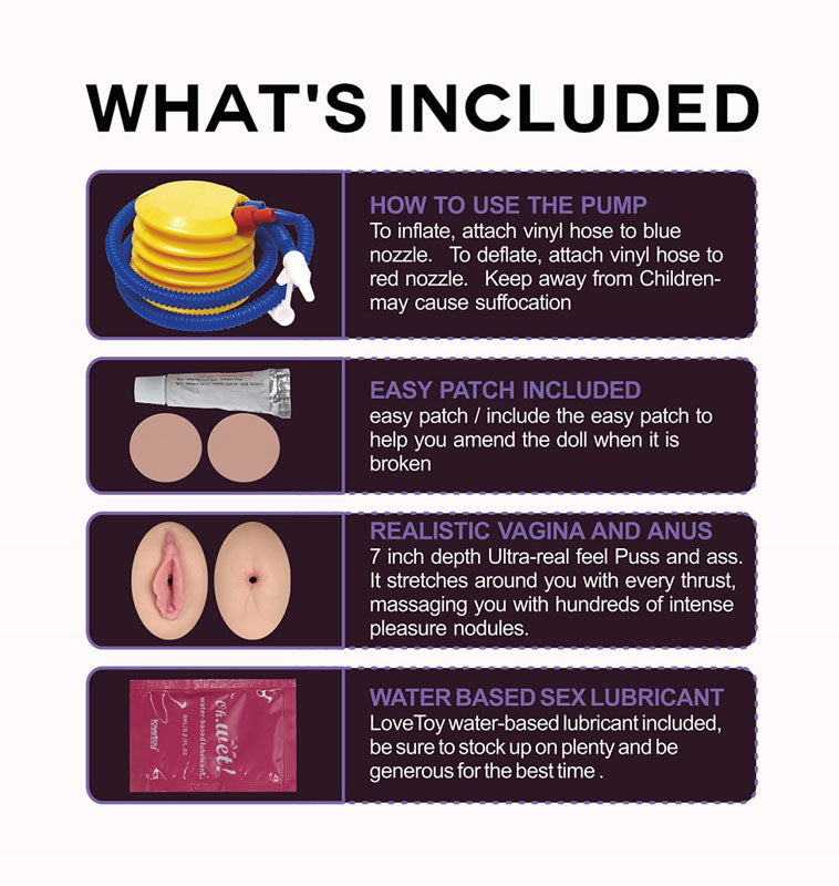 What's included with the Victoria Horny Boobie Doll - Inflatable Love Doll, featuring pump instructions and accessories.