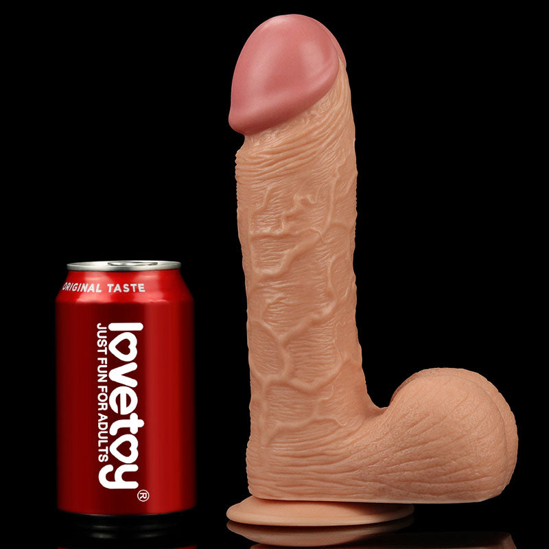King Size 9'' Realistic Dildo -  23 cm Dong next to a can for size comparison, showcasing its realistic details.