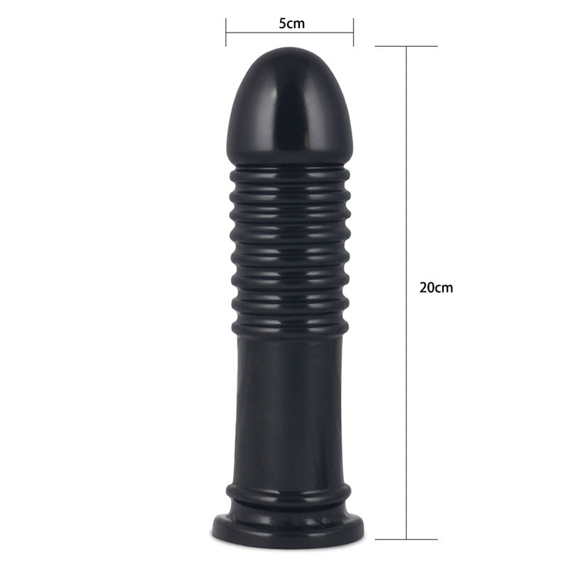 King Sized 8'' Anal Bumper -  22.5 cm Mega Butt Plug black anal toy with ribbed texture and tapered tip for enhanced pleasure.