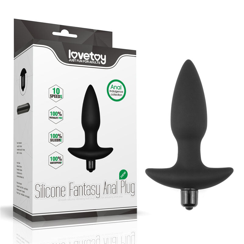 Anal Indulgence Collection Silicone Fantasy Anal Plug -  14.5 cm Vibrating Butt Plug in black packaging with product information.