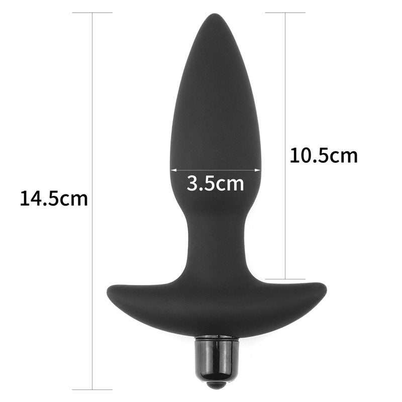 Anal Indulgence Collection Silicone Fantasy Anal Plug - 14.5 cm Vibrating Butt Plug shown with dimensions, perfect for intimate essentials.
