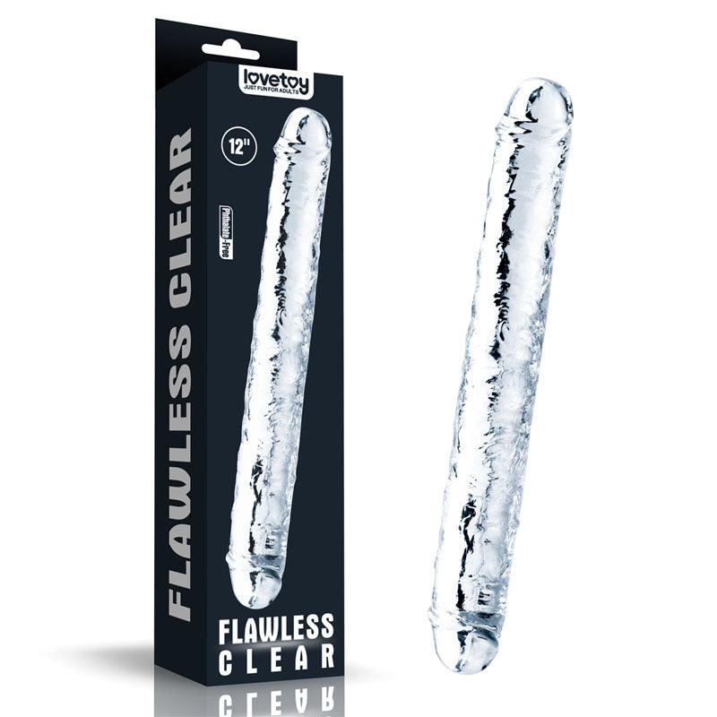 Flawless  Double Dildo 12'' -  30 cm Double Dong in packaging showcasing its clear design and length.