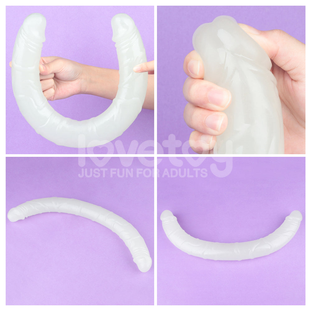 Lumino Play 18.5'' Double Dildo - Glow in the Dark 47 cm Double Dong showcased from various angles on a purple background.