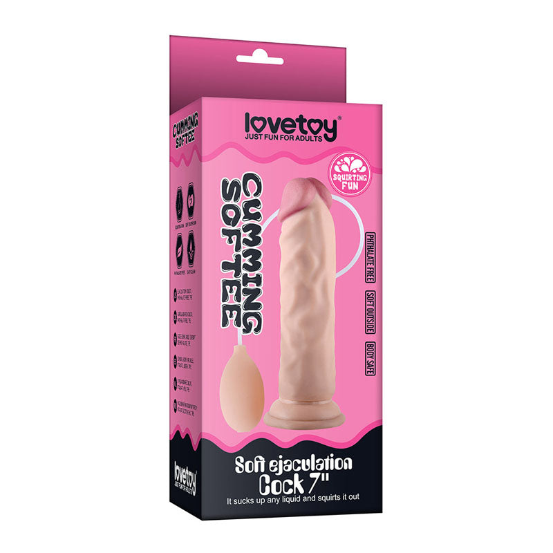 Cumming Softee Soft Ejaculation Cock 8.5'' -  21.6 cm Squirting Dong in packaging showcasing realistic design and features.
