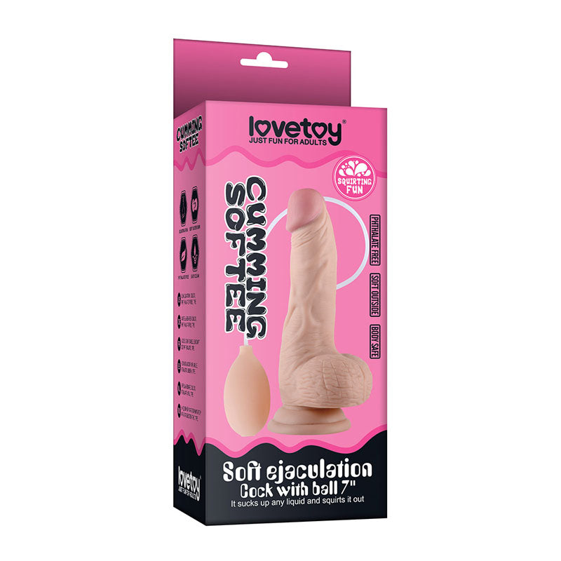 Cumming Softee Soft Ejaculation Cock 8'' packaging - squirting dildo with realistic design for fun play.