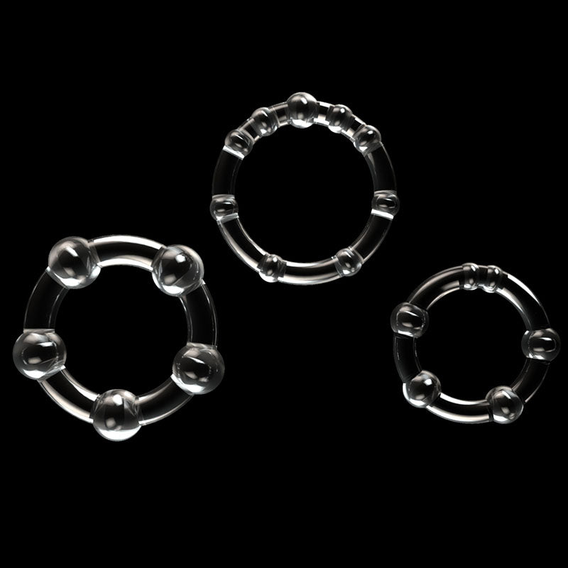 Power Plus Triple Beaded Ring Set -  Cock Rings - Set of 3 featuring black TPE material beaded designs.