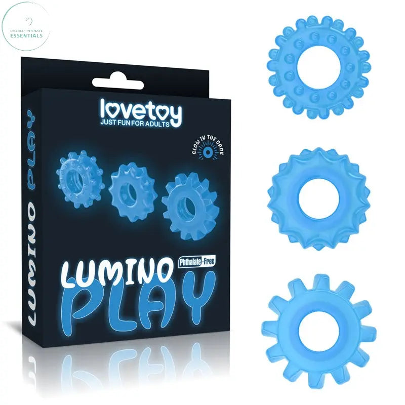 Affordable quality Lumino Play Penis Rings 3 Pack - Glow in the Dark  Cock Rings - Set of 3  from Lovetoy by Discreet Intimate Essentials with Discreet Delivery 