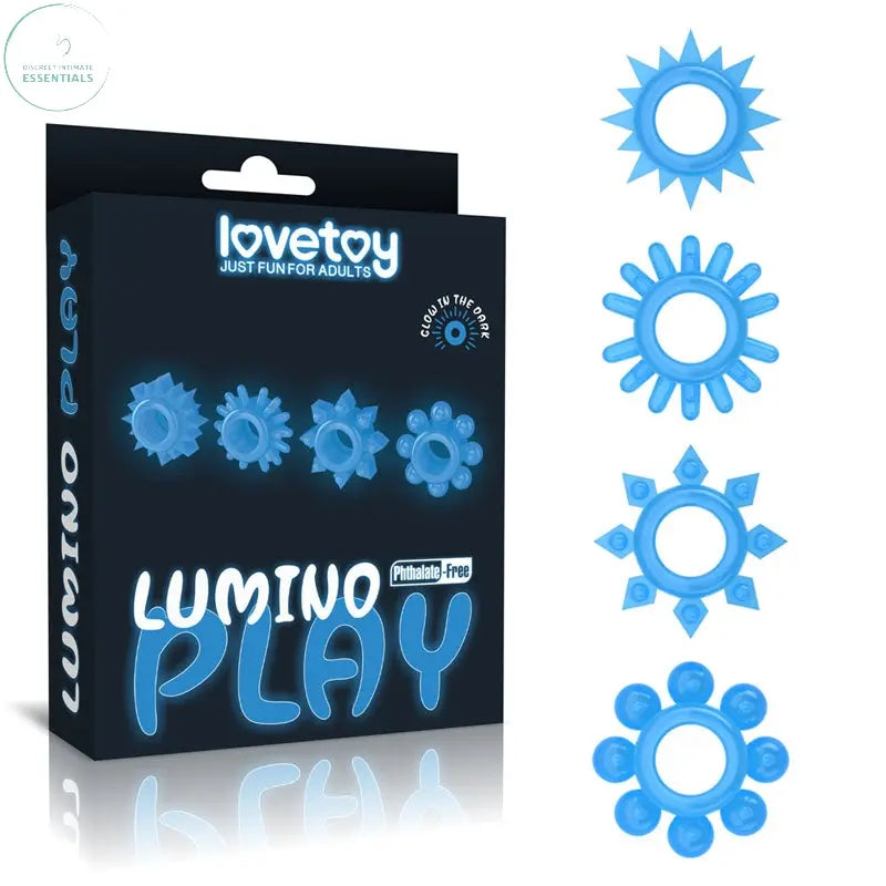 Affordable quality Lumino Play Penis Rings 4 Pack - Glow in the Dark  Cock Rings - Set of 4  from Lovetoy by Discreet Intimate Essentials with Discreet Delivery 