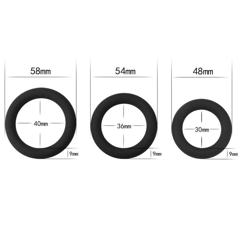 Power Plus Soft Silicone Snug Ring -  Cock Rings - Set of 3 Sizes with measurements of 58mm, 54mm, and 48mm.