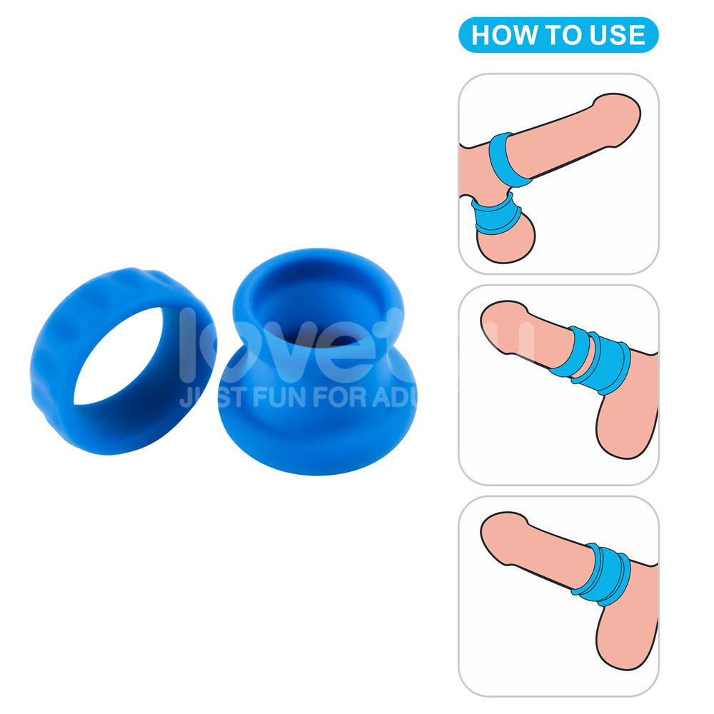 Pinnacle Pro Twin Flex -  Cock & Balls Rings in blue with usage instructions for enhanced pleasure.