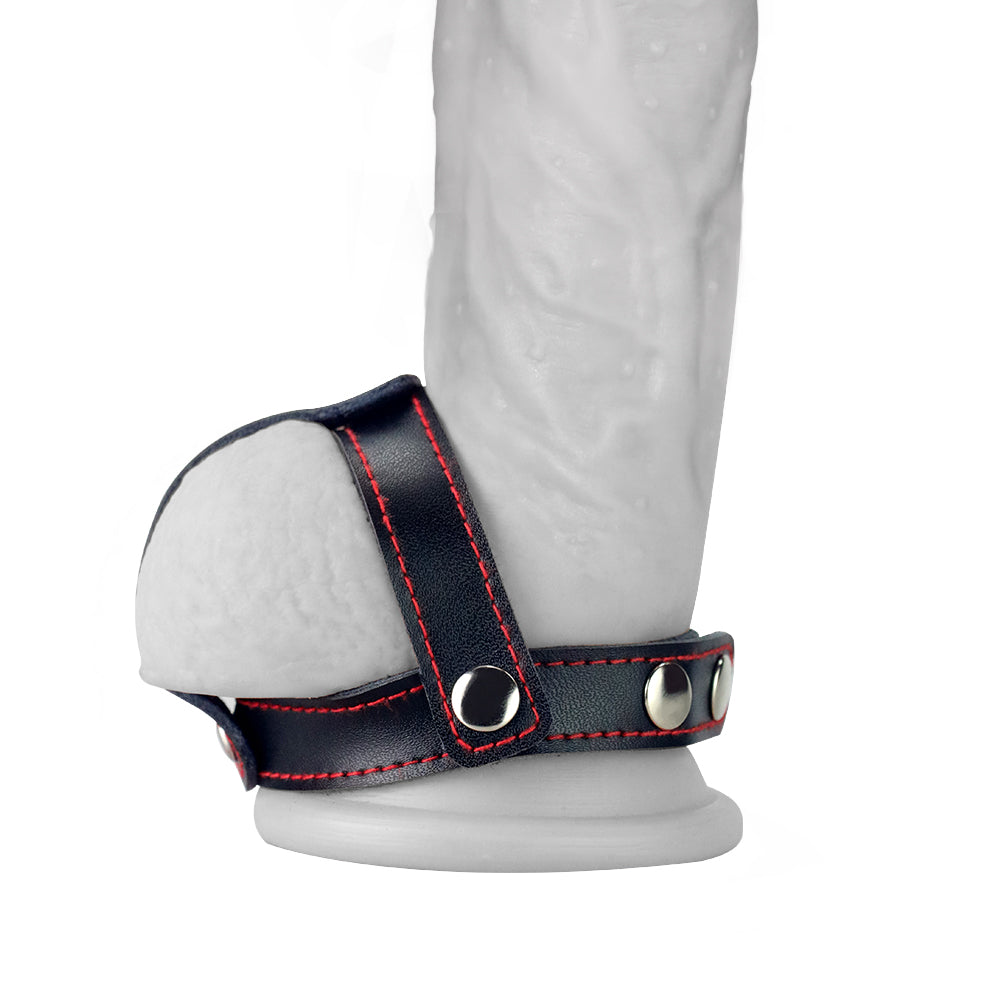 Bondage Fetish T-Style Leather Cock Ring with Ball Divider -  Cock Ring on display, showcasing the snug fit and design.