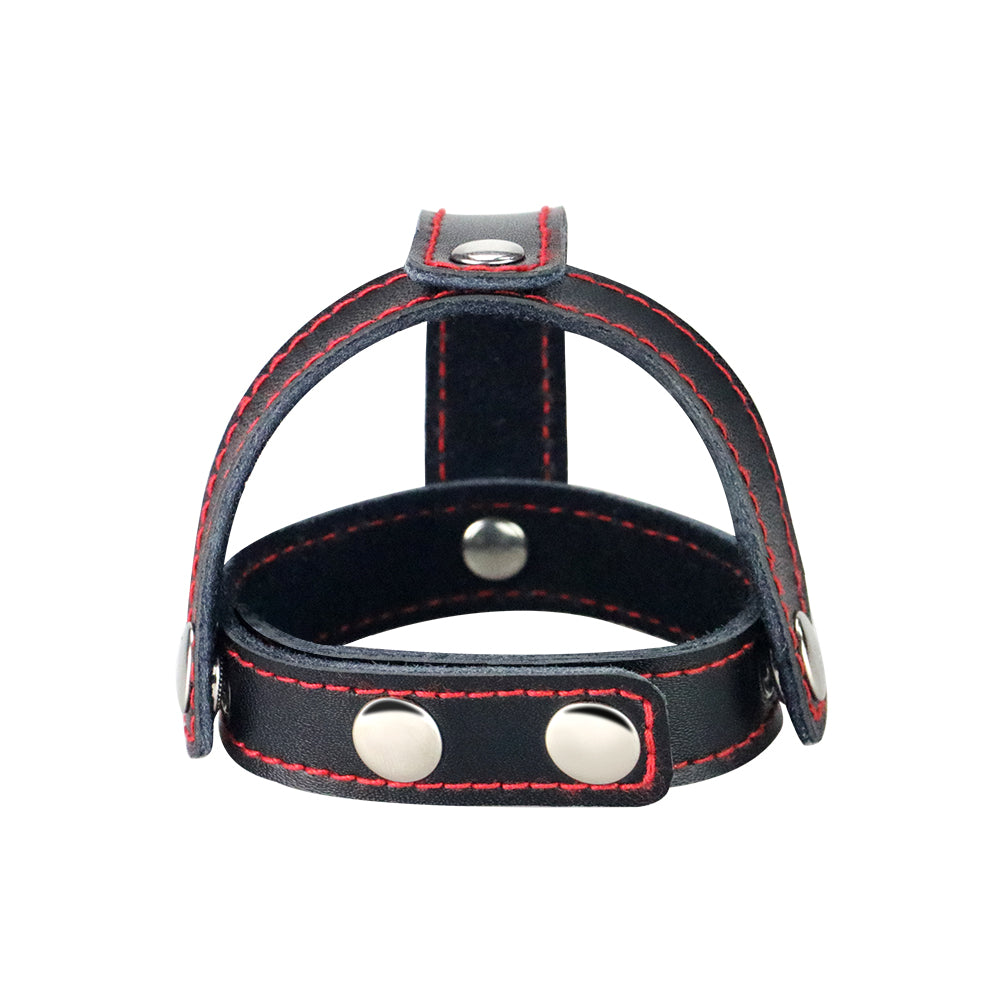 Bondage Fetish T-Style Leather Cock Ring with Ball Divider -  Cock Ring with black leather and red stitching detail.