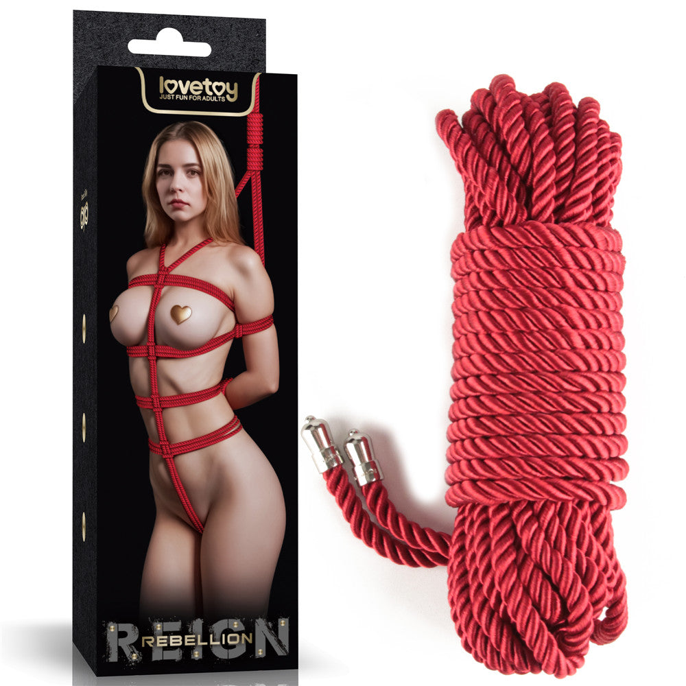 Rebellion Reign Silky Bondage Rope -  -  Bondage Rope - 10 metre length next to a model in bondage attire.