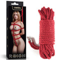Rebellion Reign Silky Bondage Rope -  -  Bondage Rope - 10 metre length next to a model in bondage attire.