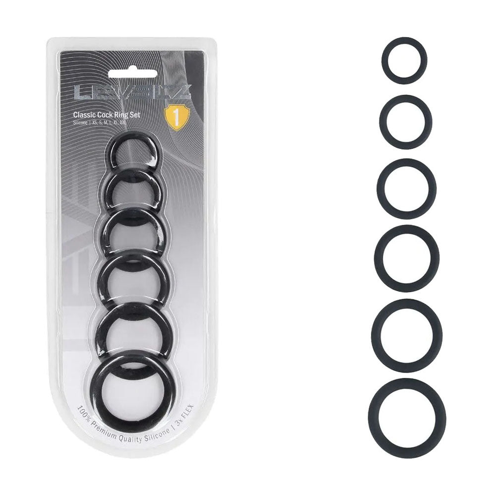 LEVELZ Classic Silicone Cock Ring Set of 6 with different sizes displayed.