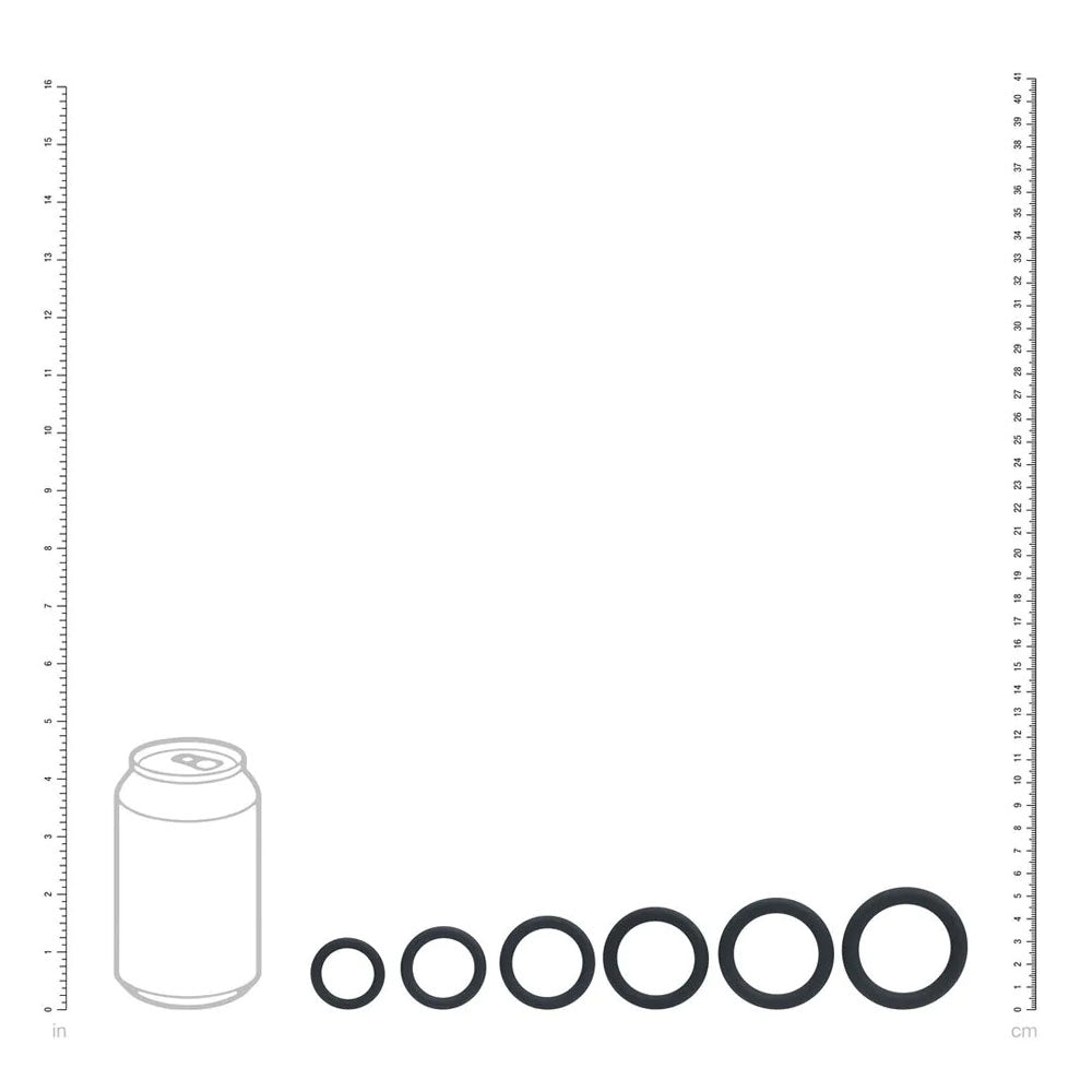 LEVELZ silicone cock ring set of 6 sizes displayed next to a can for size reference.