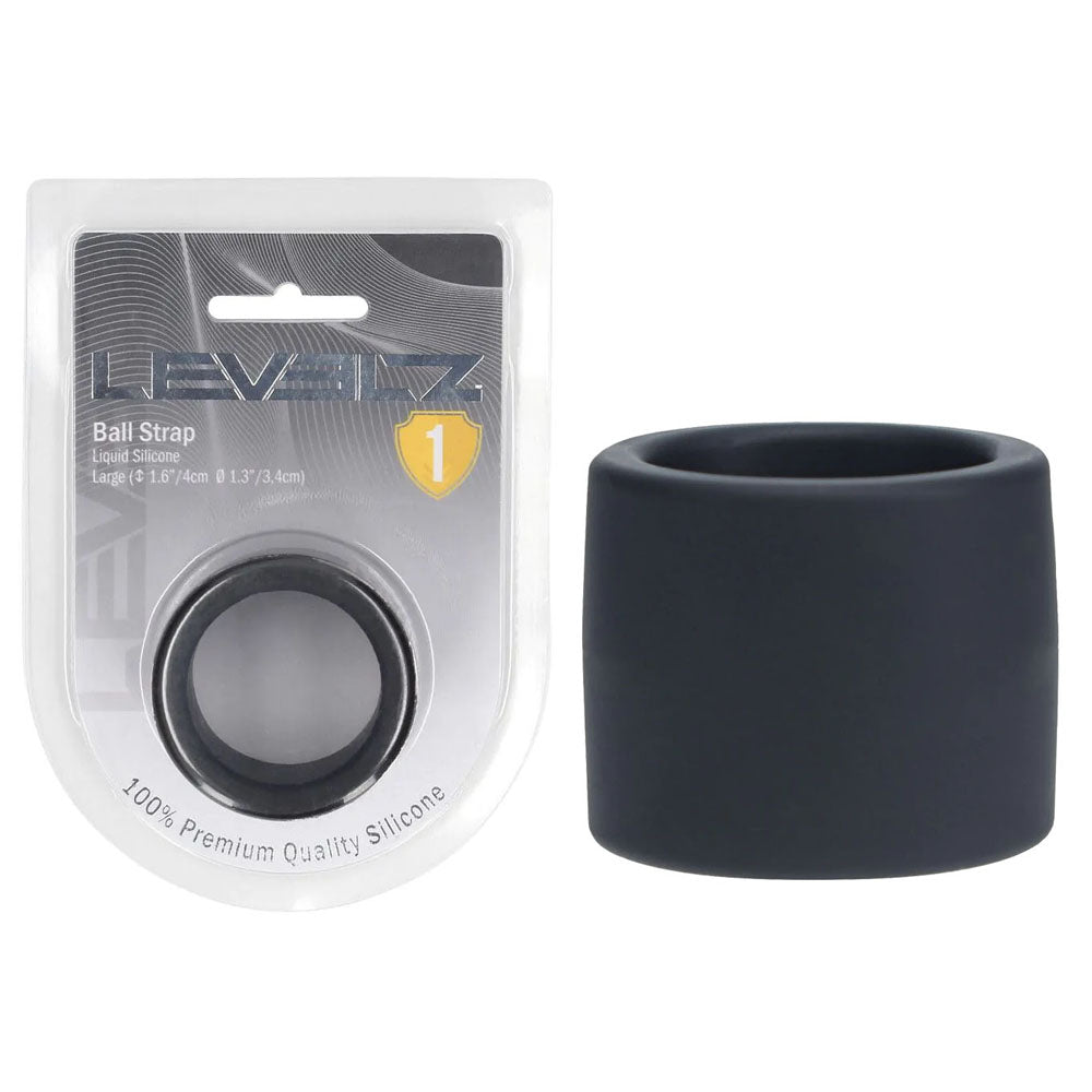 LEVELZ Liquid Silicone Ball Strap - L -  -  Ball Strap in sleek clamshell packaging and black silicone design.